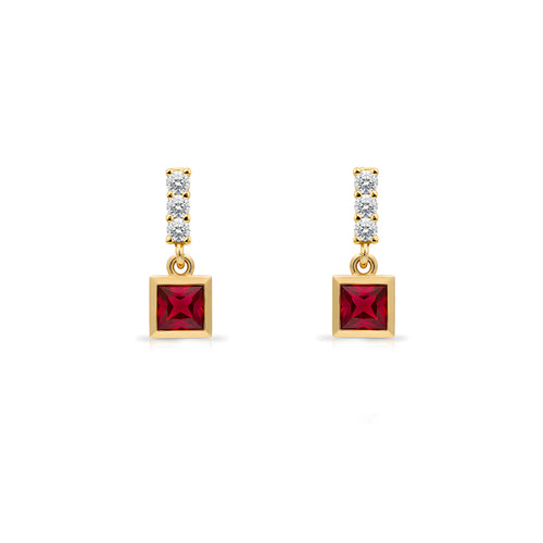 14K Gold Ruby Square Earrings