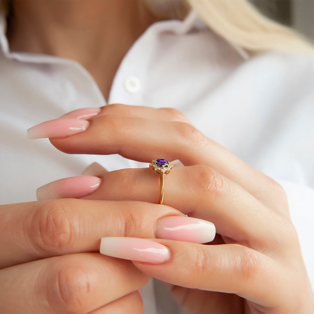 14K Gold Amethyst Halo Ring / Diamond Promise Ring