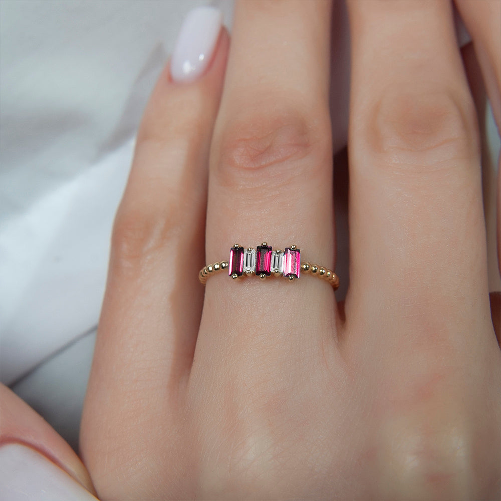 14K Gold Diamond Ruby Ring / Five Stone Baguette Setting