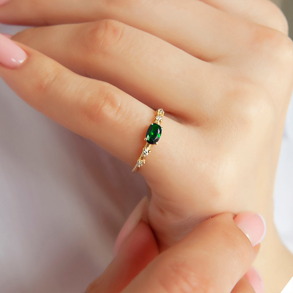 East West Emerald Ring / Oval Emerald Diamond Ring