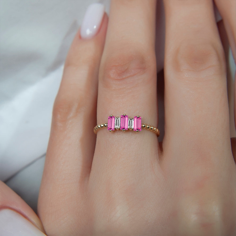 Pink Sapphire Baguette Ring / Diamond Pink Ring