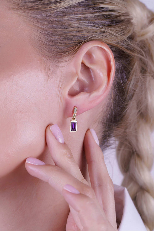 14K Gold Amethyst Baguette Earrings