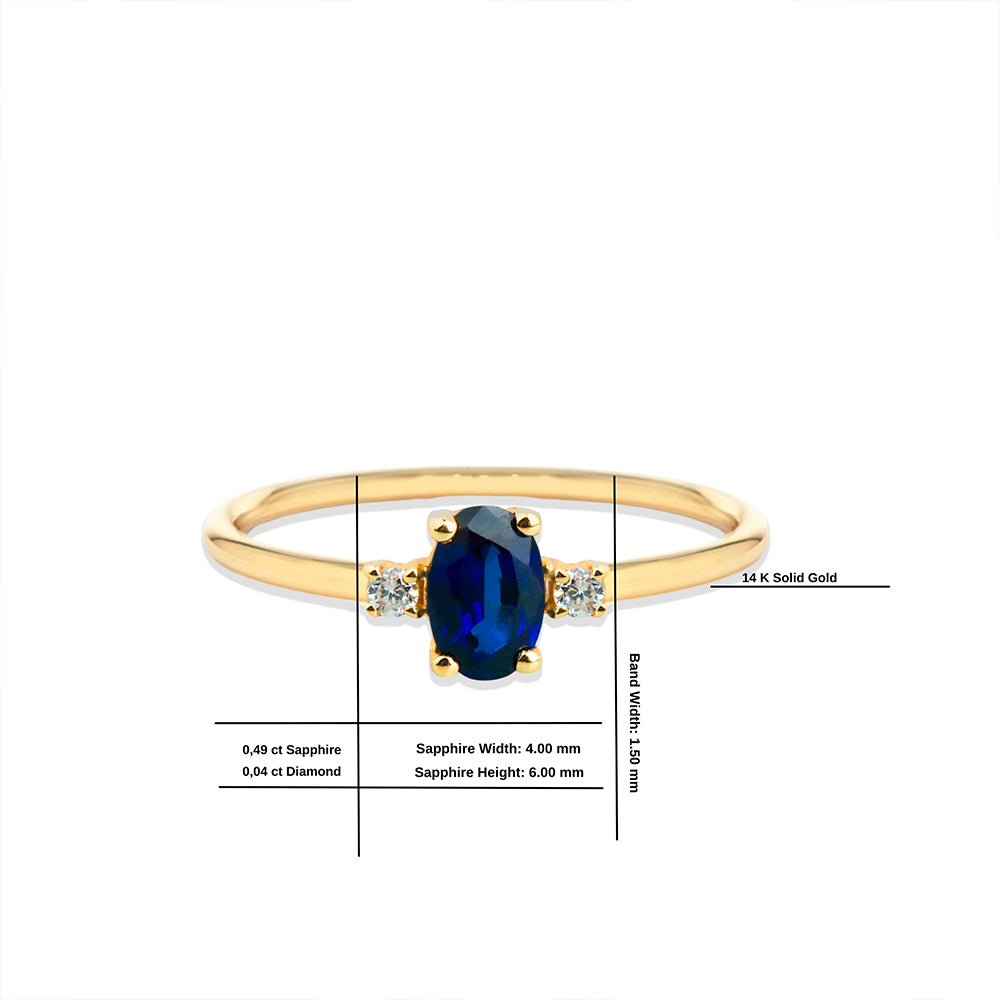 14K Gold Oval Cut Diamond Sapphire Ring