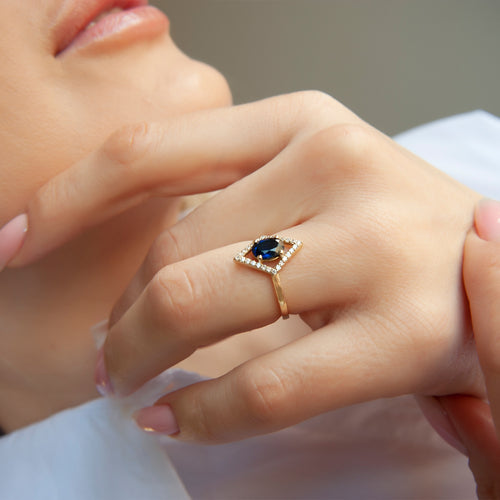 14K Gold Diamond Oval Sapphire Solitaire Ring