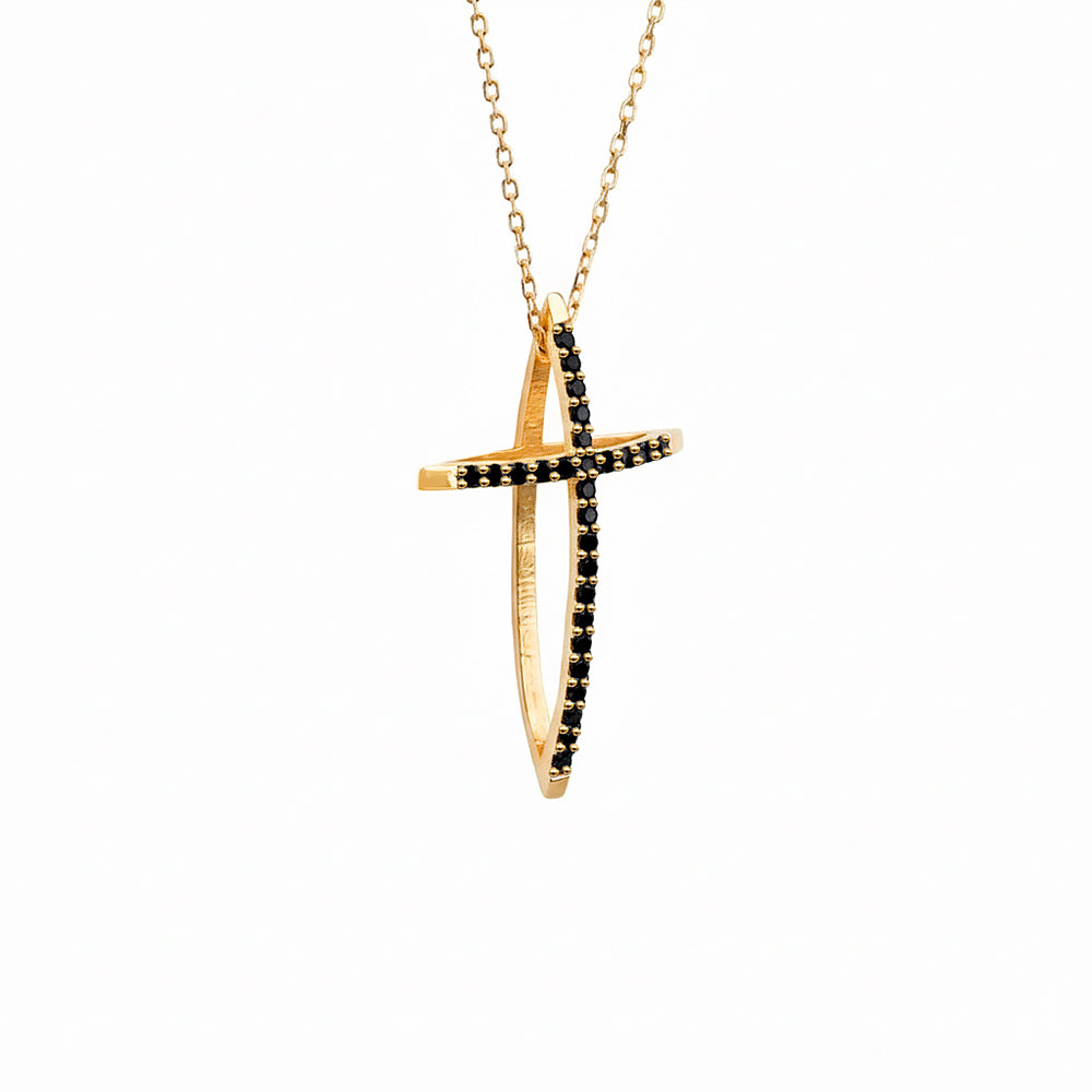 14K Gold Black Diamond Cross Necklace / Faith Pendant
