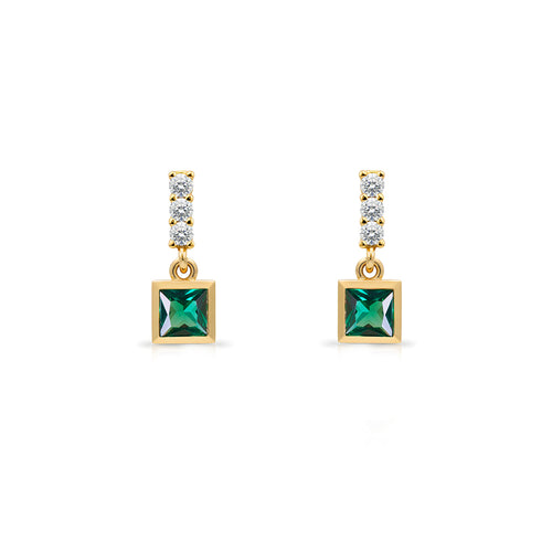 14K Gold Emerald Square Earrings