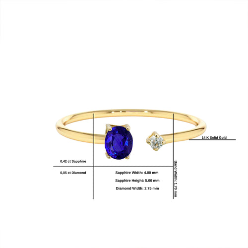 Minimalist 14K Gold Ring with Oval Blue Sapphire and Sparkling Diamond Accent