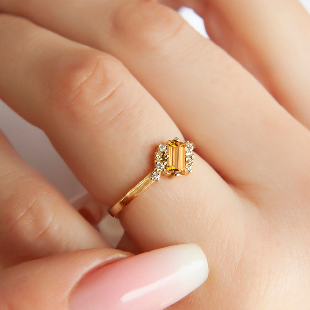 14K Gold Baguette Citrine Diamond Ring