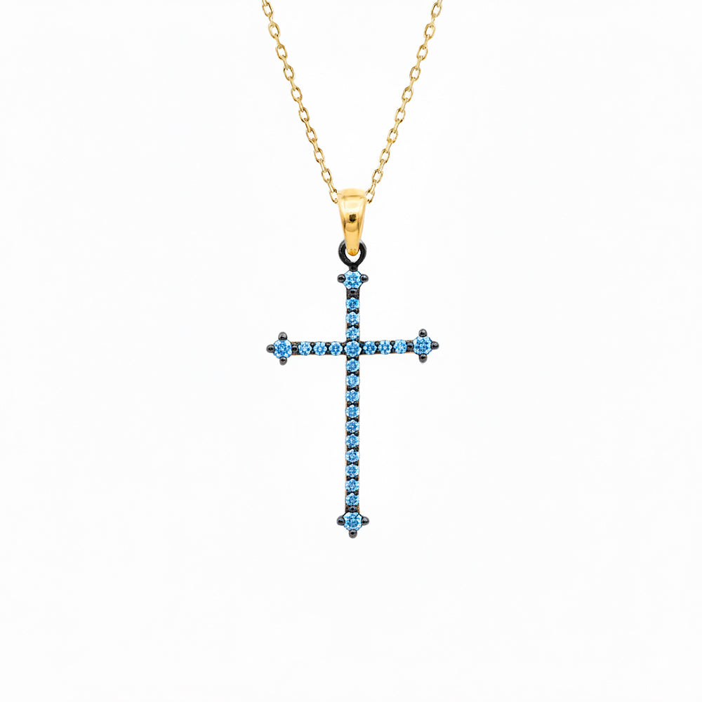 14K Gold Christian Cross Necklace / Aquamarine Birthstone Pendant