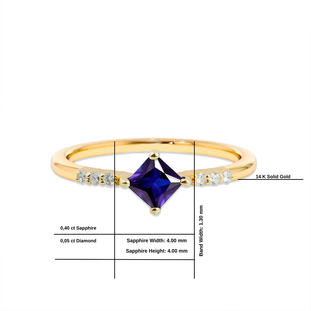 14K Gold Princess Cut Diamond Sapphire Ring