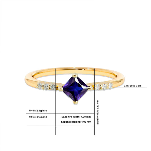 14K Gold Princess Cut Diamond Sapphire Ring