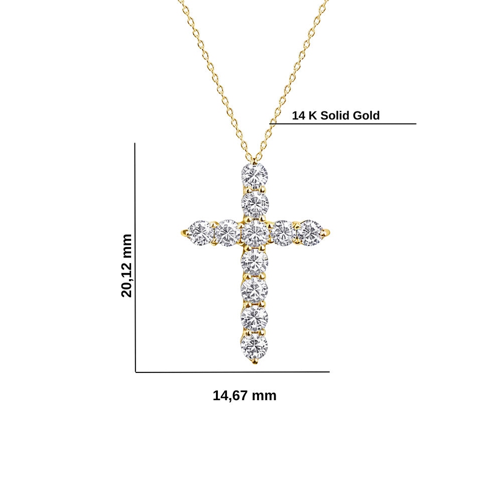 14K Gold Diamond Cross Necklace / Round Diamond Cross Pendant