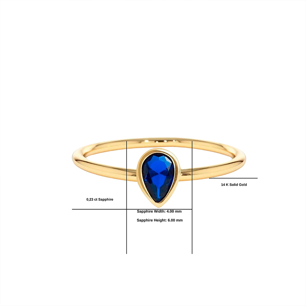 14K Solid Gold Pear Cut Solitaire Sapphire Ring