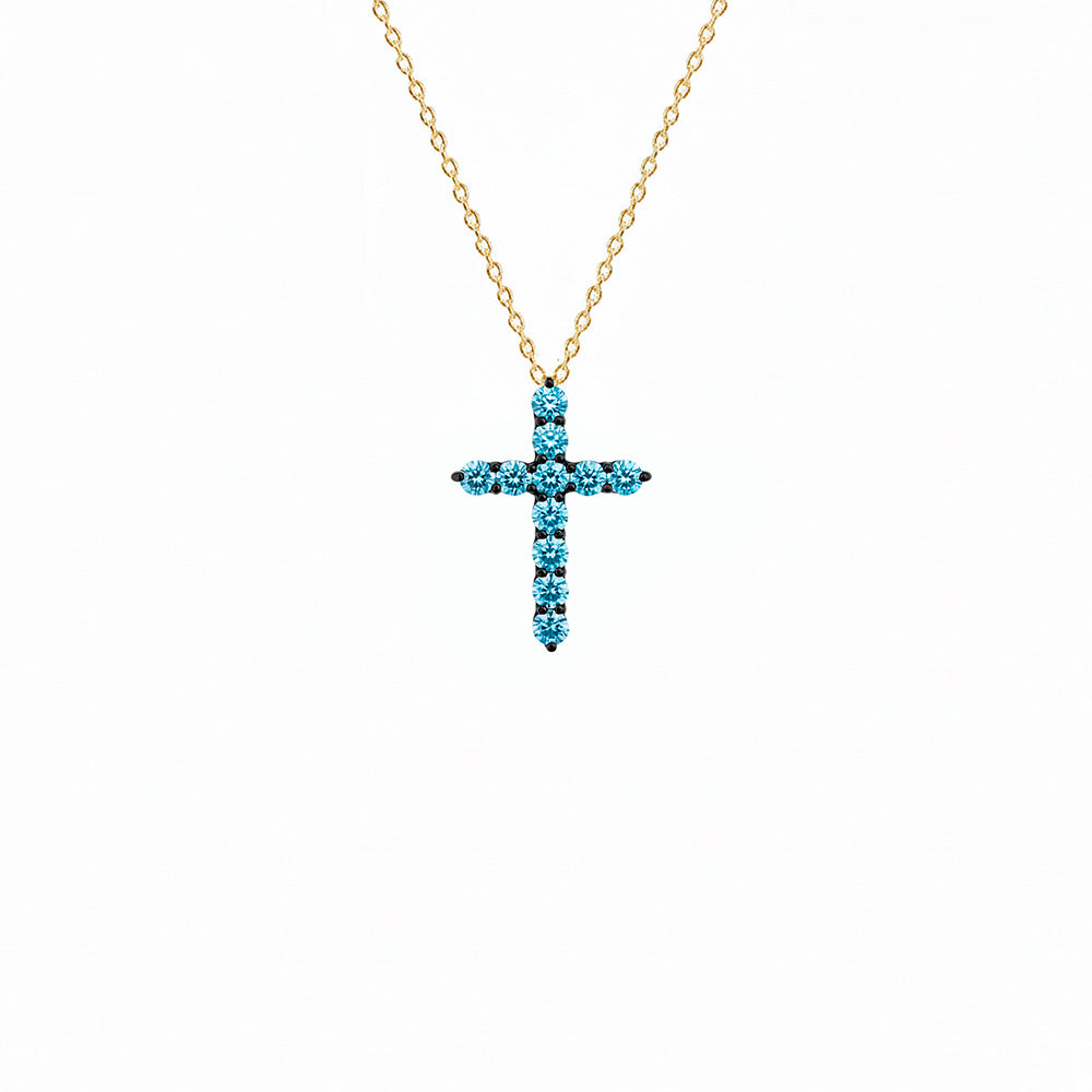 14K Gold Aquamarine Cross Necklace / Religious Pendant