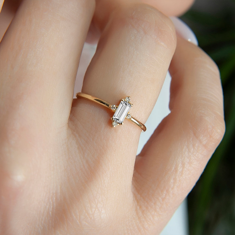 White Sapphire Baguette Ring / Diamond Wedding Ring