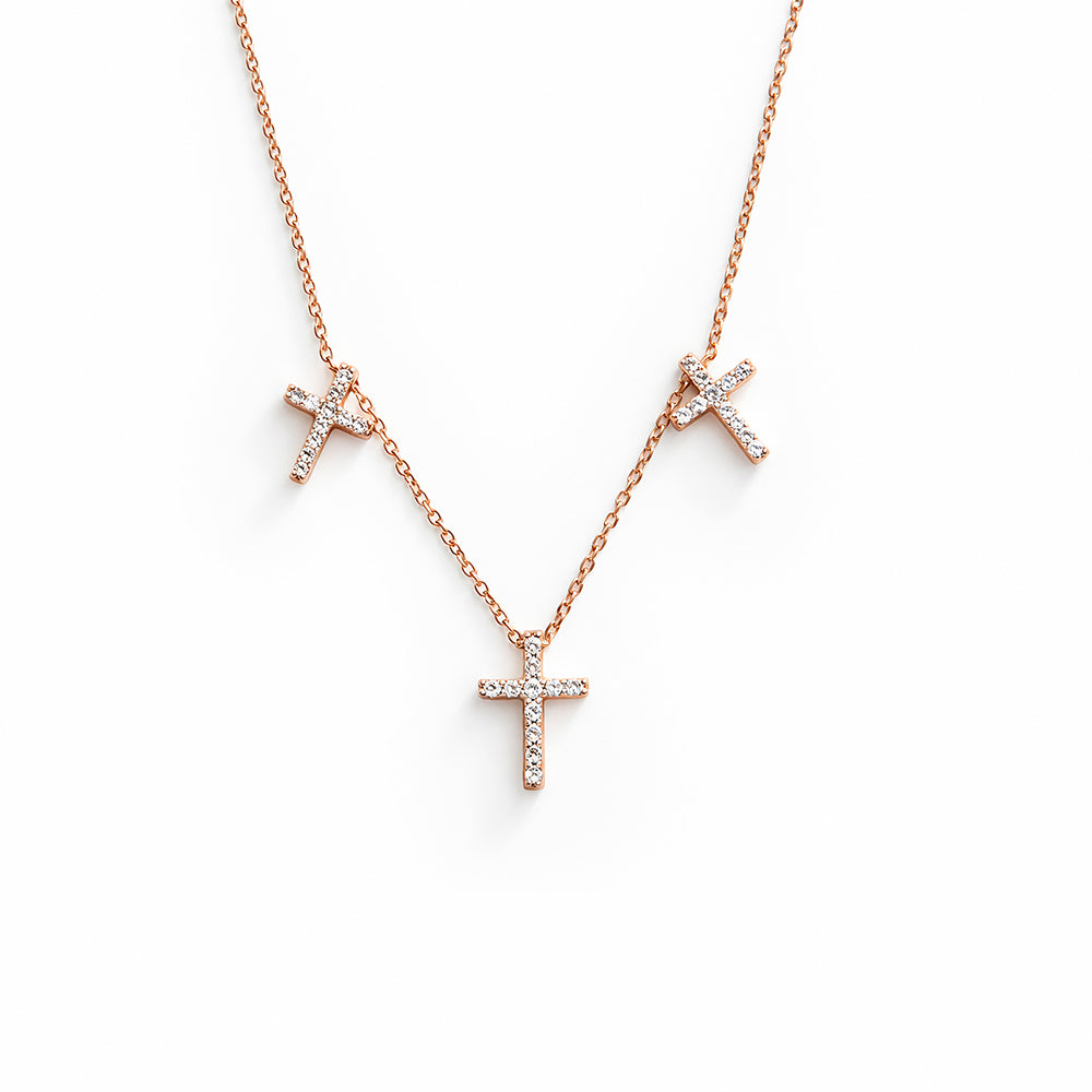14K Gold Triple Cross Necklace / Diamond Cross Necklace