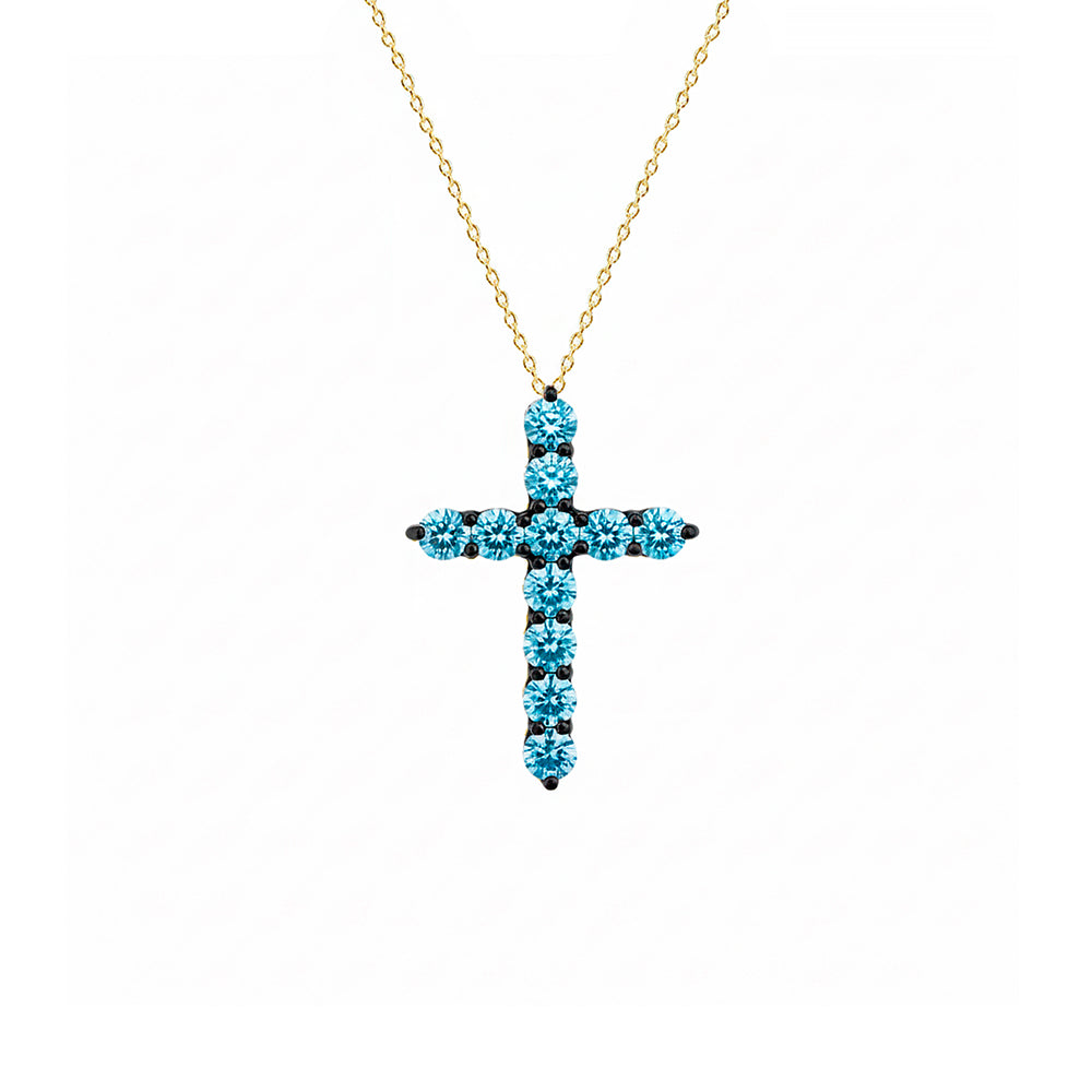 14K Gold Aquamarine Cross Necklace / Baptism Gift