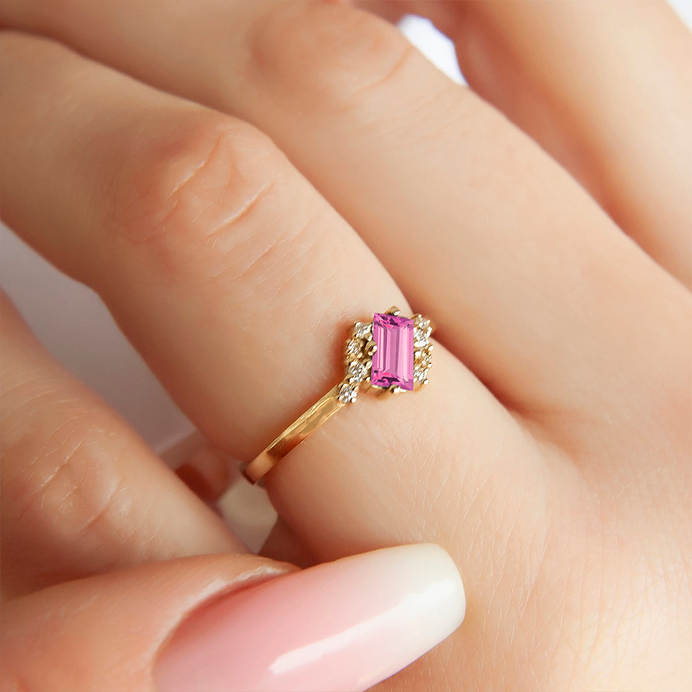 14K Gold Baguette Pink Sapphire Ring
