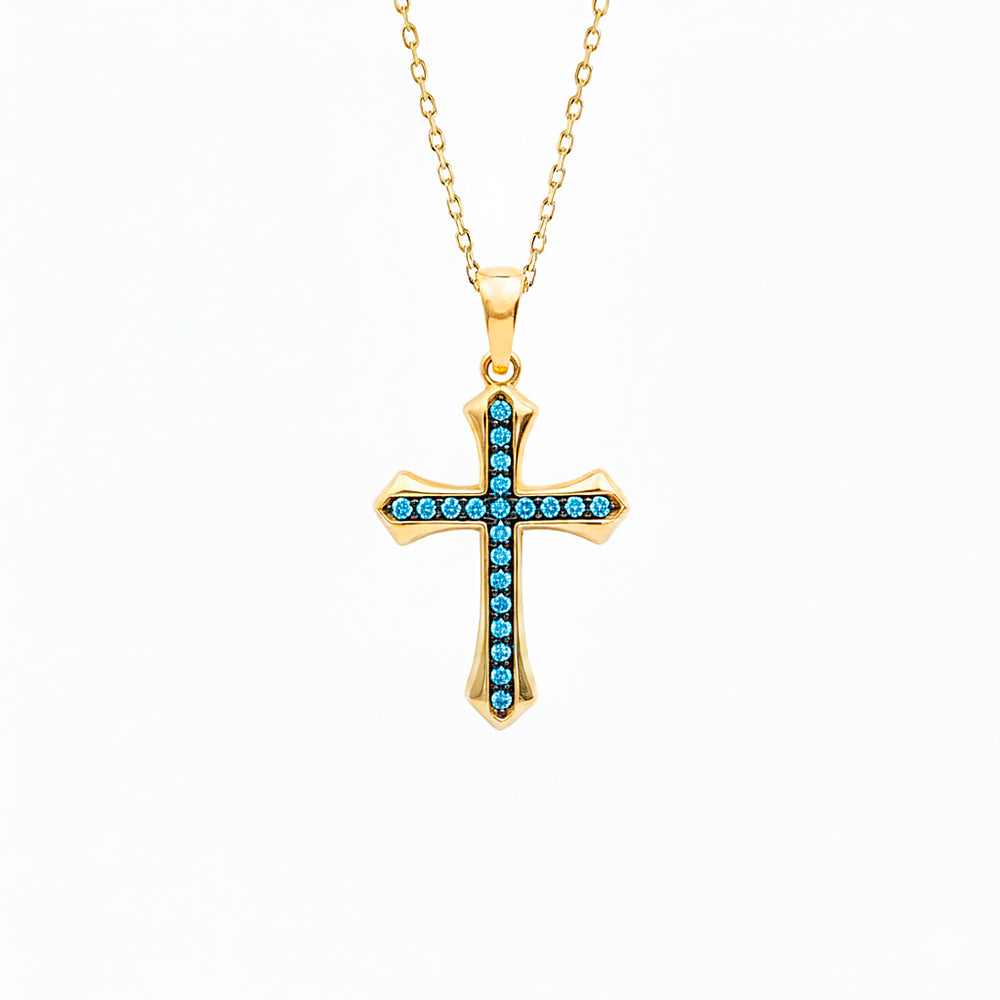 Vintage Inspired Aquamarine Cross Necklace / Natural Aquamarine Christian Necklace