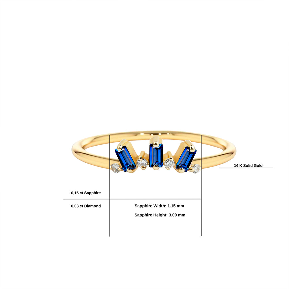 14K Solid Gold Baguette Diamond Sapphire Ring