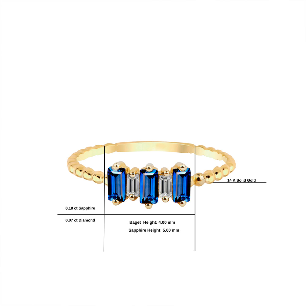 14K Gold Baguette Diamond Sapphire Ring