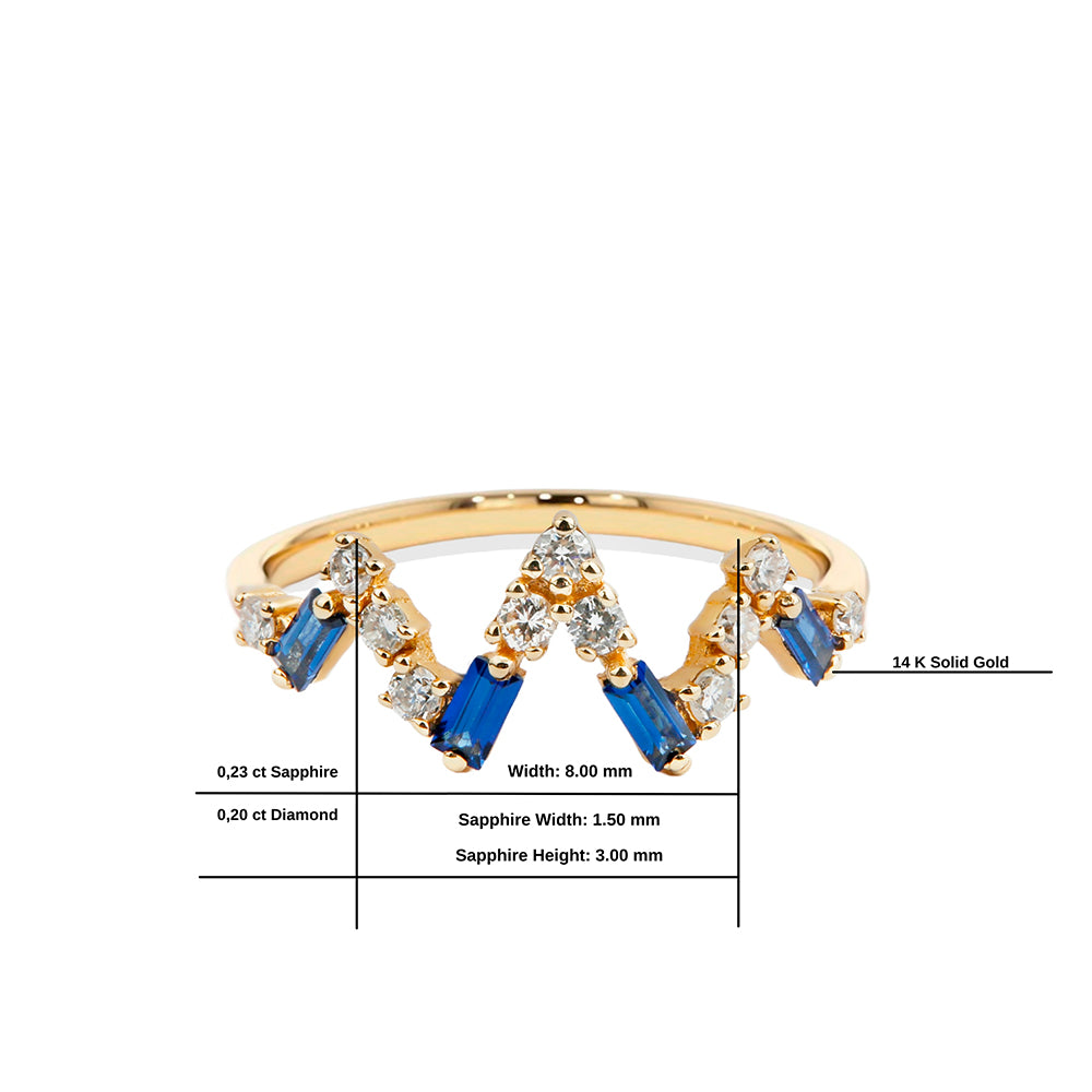 Gold Diamond Sapphire V Shape Ring, 14K Solid Gold Sapphire Ring