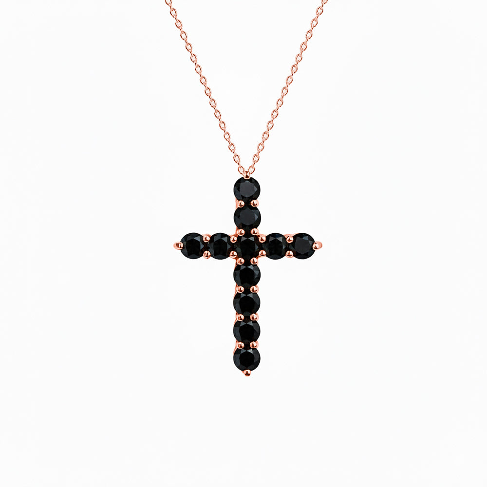 14K Gold Black Diamond Cross Necklace / Modern Religious Pendant