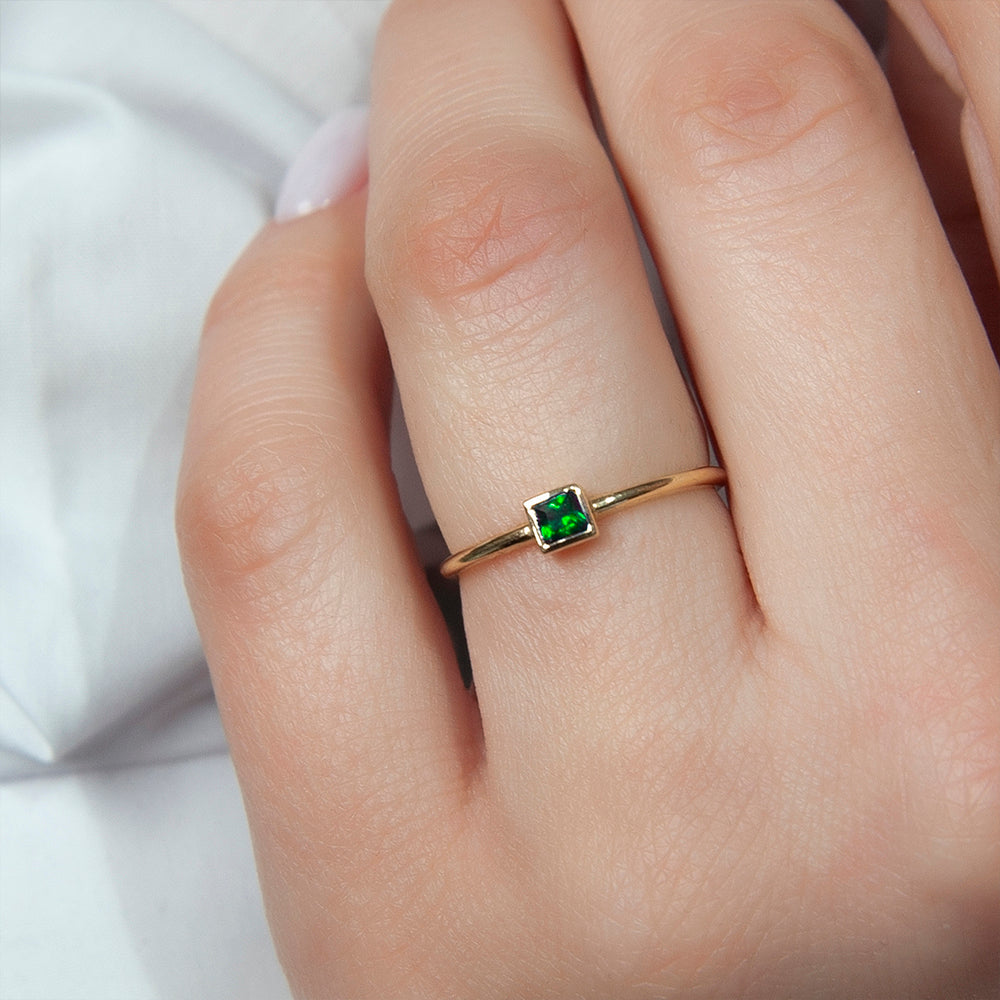 14K Gold Square Cut Solitaire Emerald Color Ring