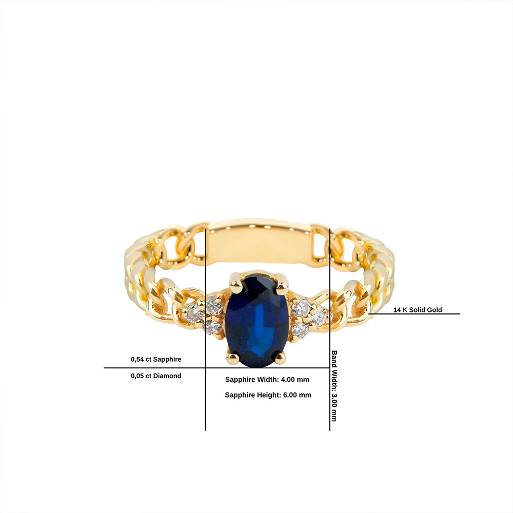 14K Solid Gold Diamond Sapphire Curb Chain Ring