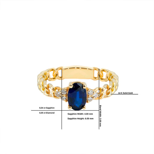14K Solid Gold Diamond Sapphire Curb Chain Ring