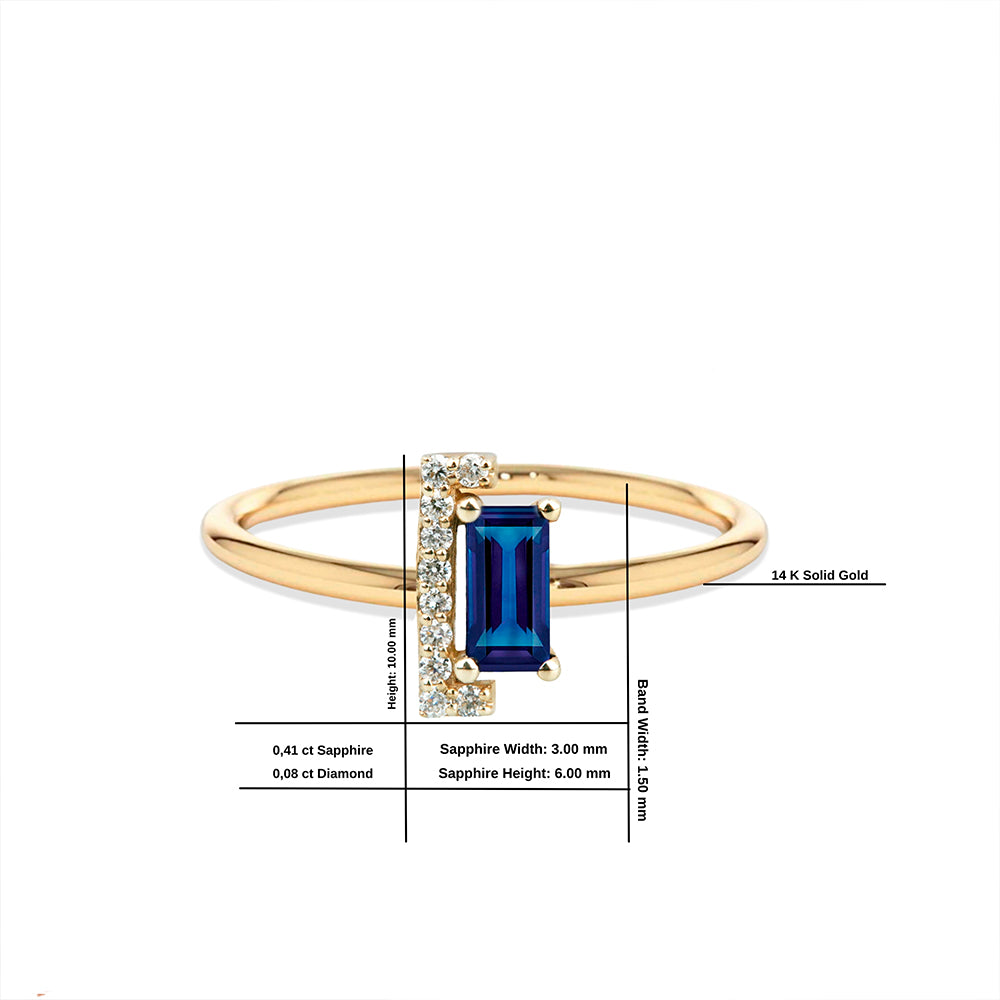 14K Solid Gold Baguette Diamond Sapphire Ring