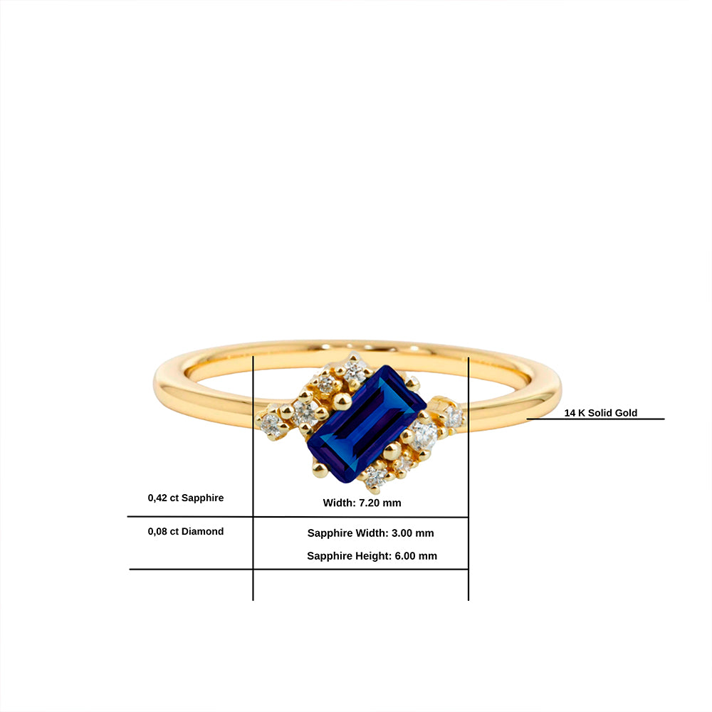 14K Gold Baguette Diamond Sapphire Ring