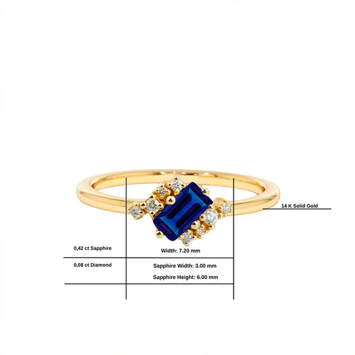 14K Gold Baguette Diamond Sapphire Ring