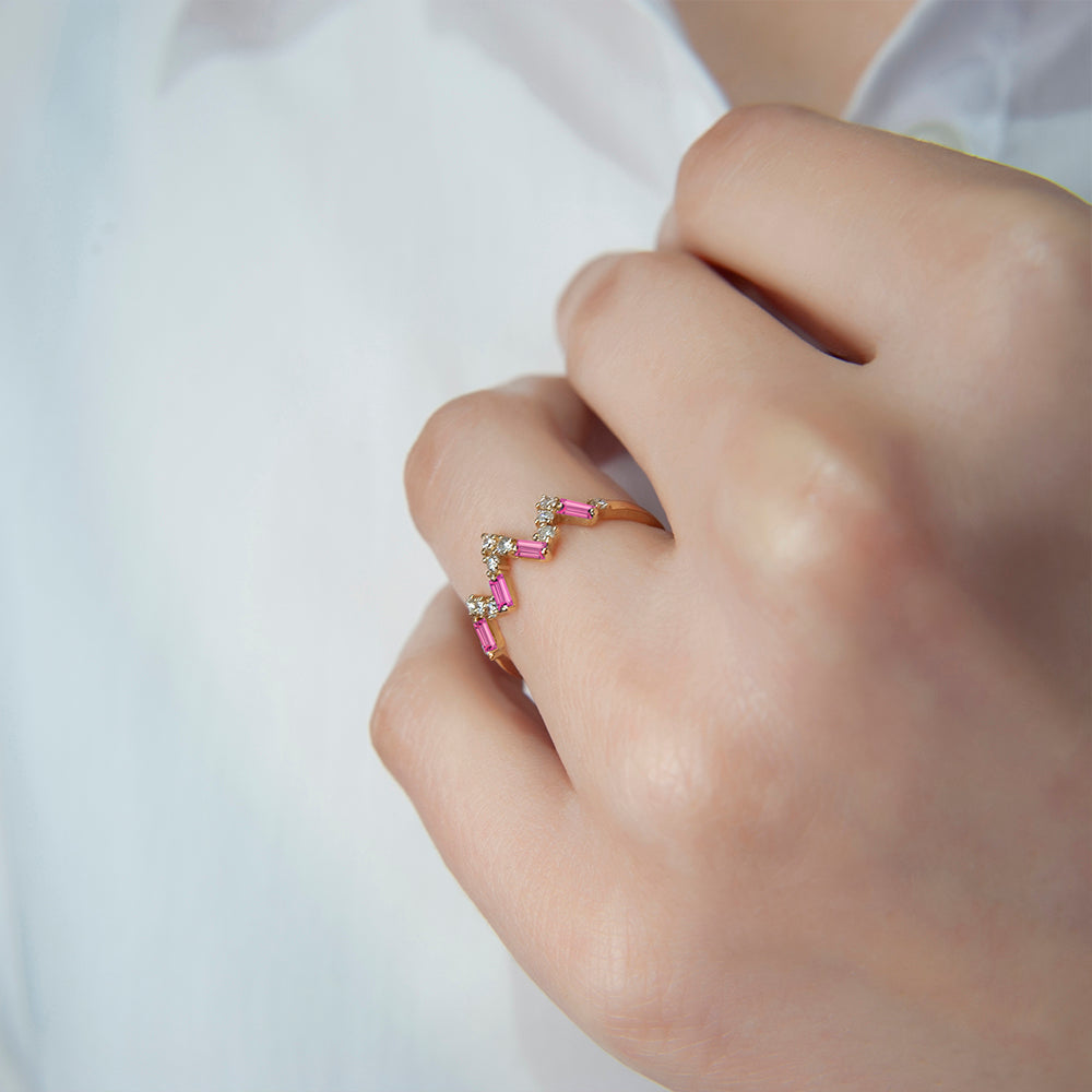 Minimalist Pink Sapphire Diamond Ring, 14K Gold Pink Gemstone Ring