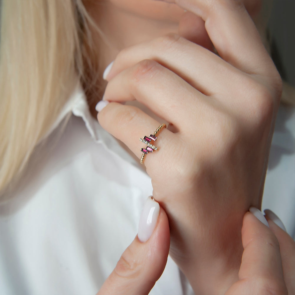 14K Gold Baguette Ruby Band / Ruby Diamond Bar Ring