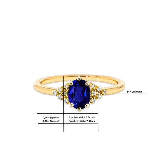 14K Solid Gold Oval Cut Natural Diamond Sapphire Ring