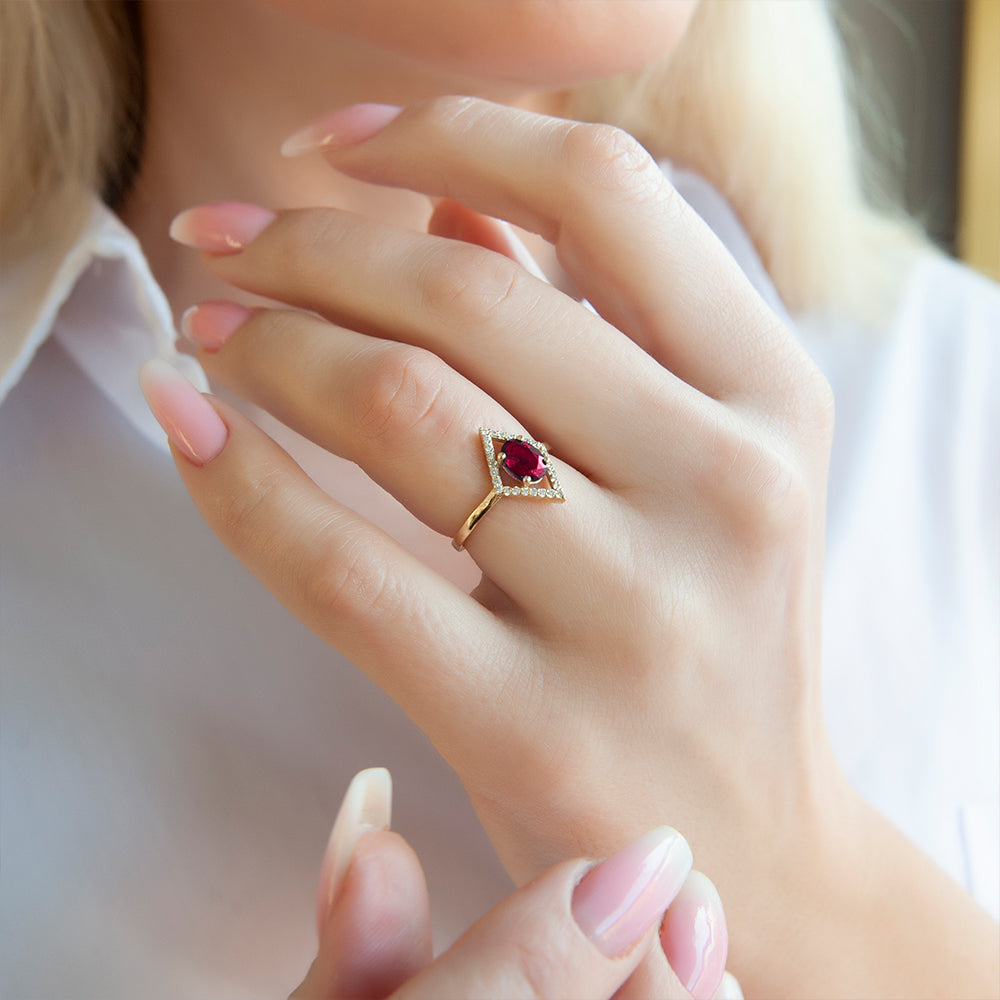 14K Gold Geometric Ruby Ring / Diamond Minimal Ring