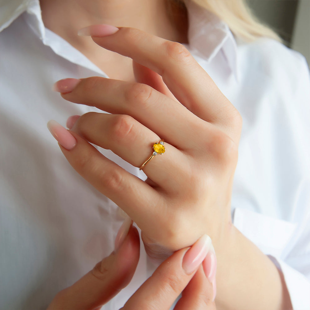 14K Gold Diamond Oval Citrine Ring / Anniversary Gift