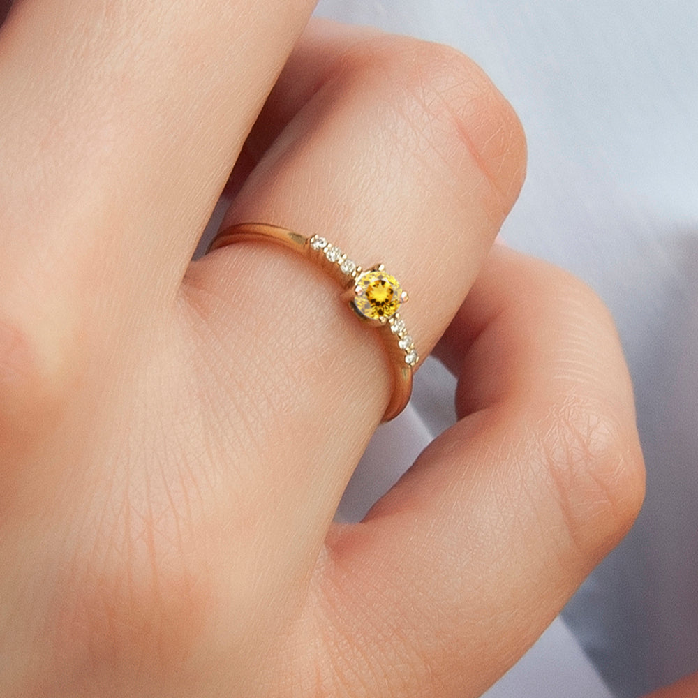 14K Gold Citrine Diamond Ring / Sunshine Gemstone Ring
