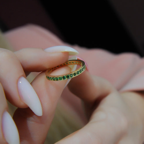 14K Solid Gold Wedding Band, Green Stone Eternity Ring