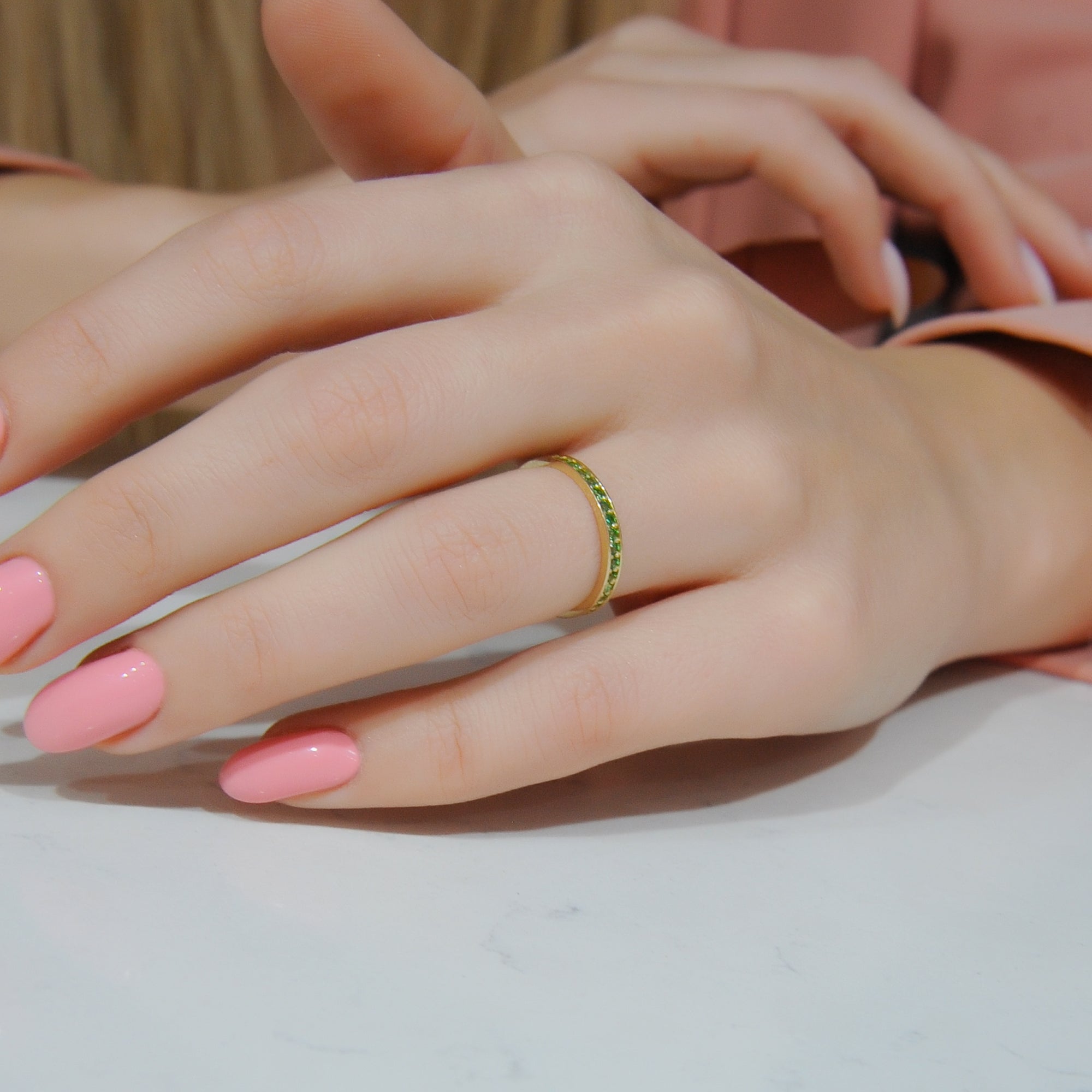 14K Solid Gold Wedding Band, Green Stone Eternity Ring