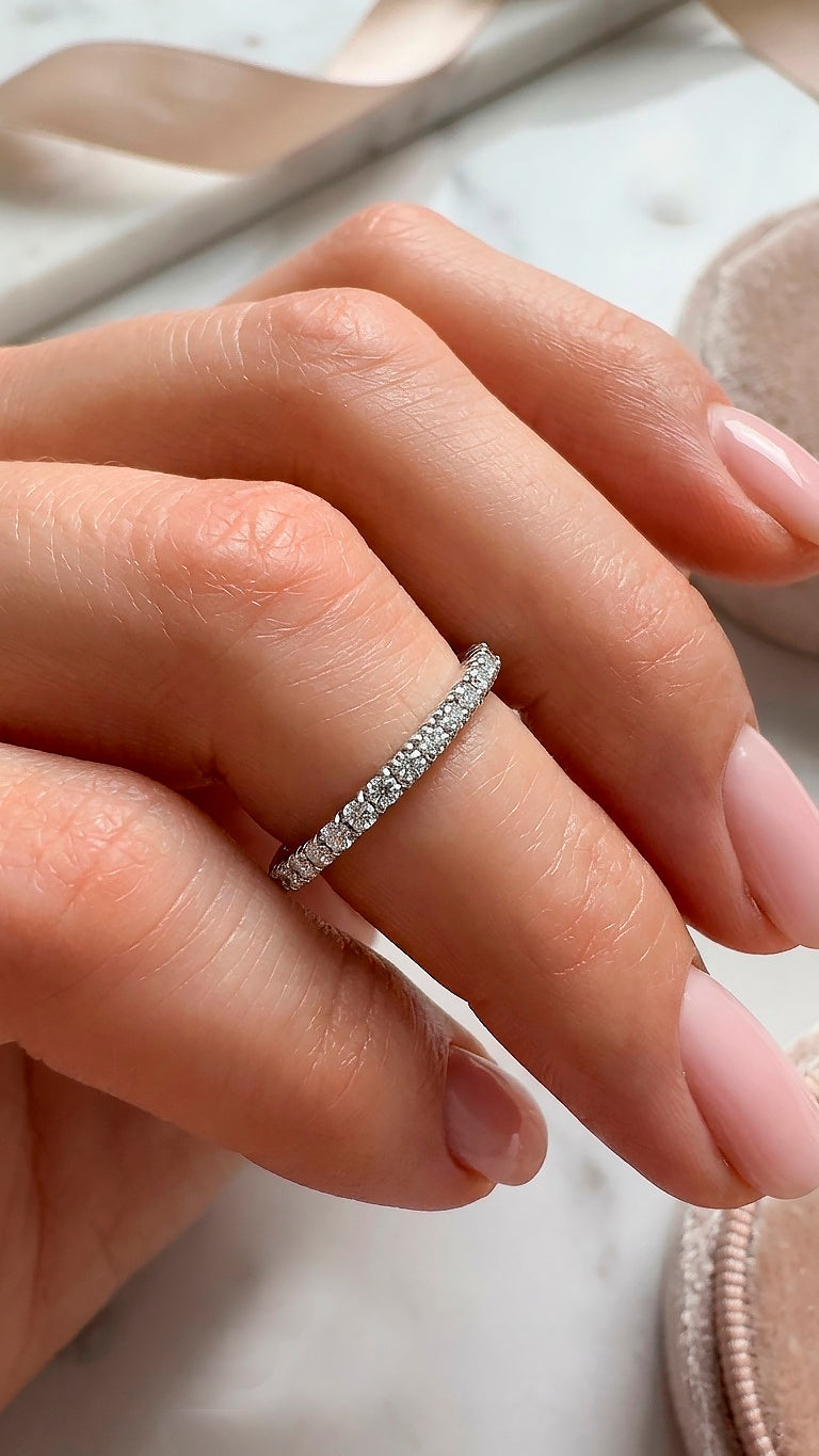 14K Solid Gold Diamond Eternity Ring / Thin Pave Wedding Band