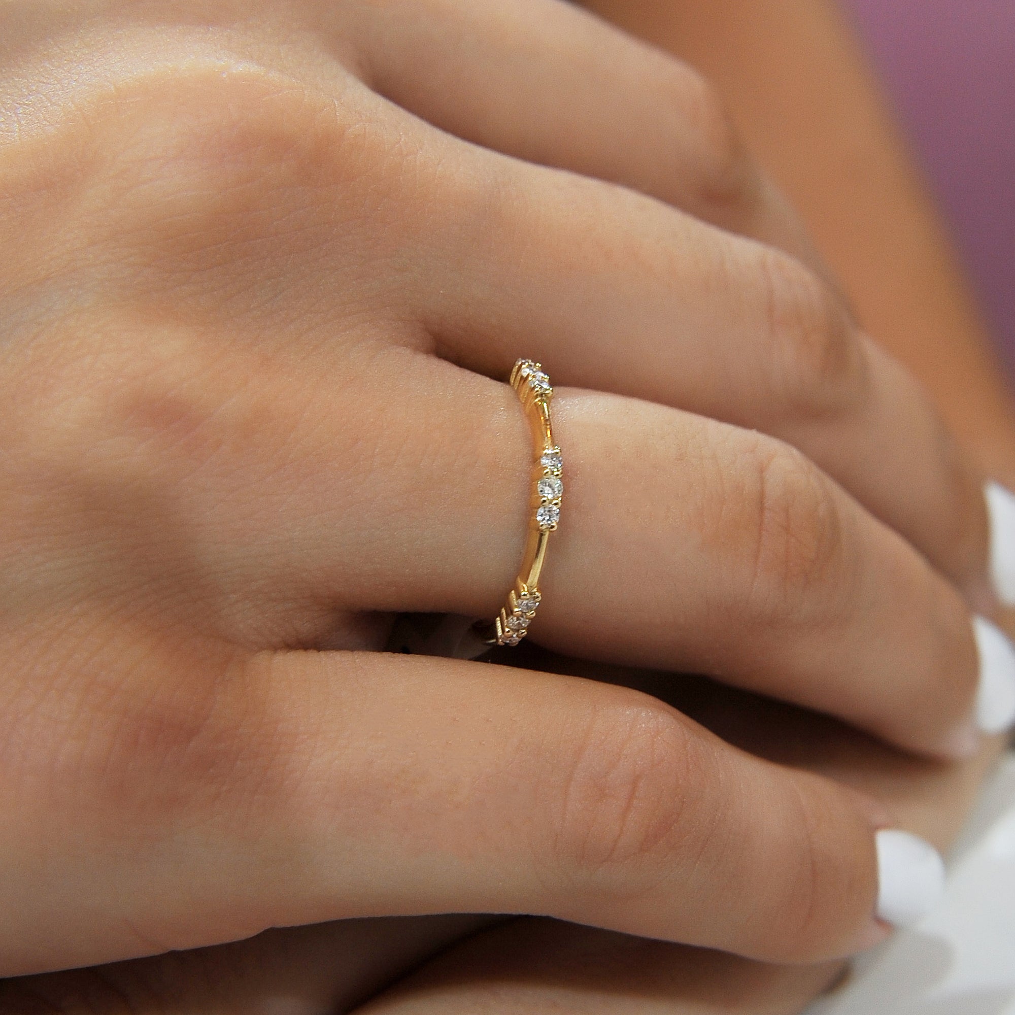 14K Solid Gold Petite Diamond Distance Band