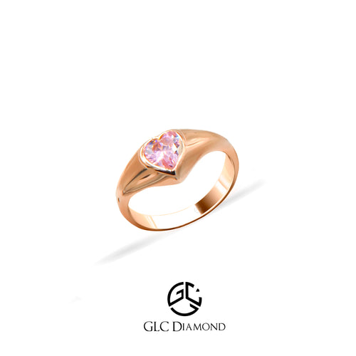 14K Yellow Gold Pink Heart Signet Ring