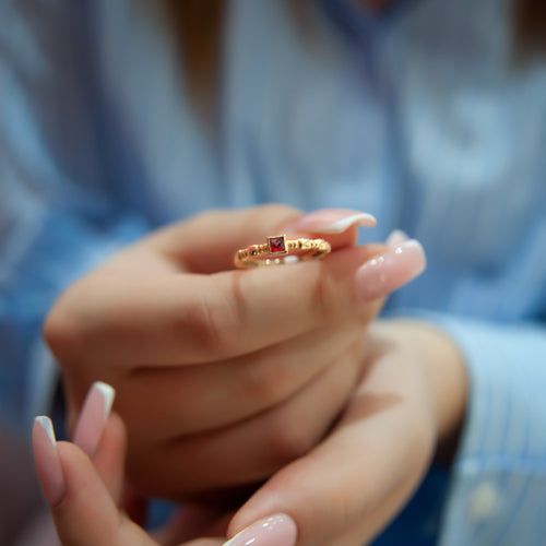 14K Gold Square Cut Solitaire Ruby Ring