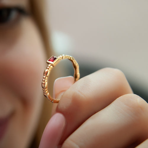 14K Gold Square Cut Solitaire Ruby Ring