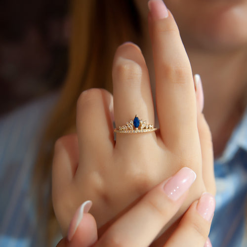 14K Gold Diamond Sapphire Crown Ring