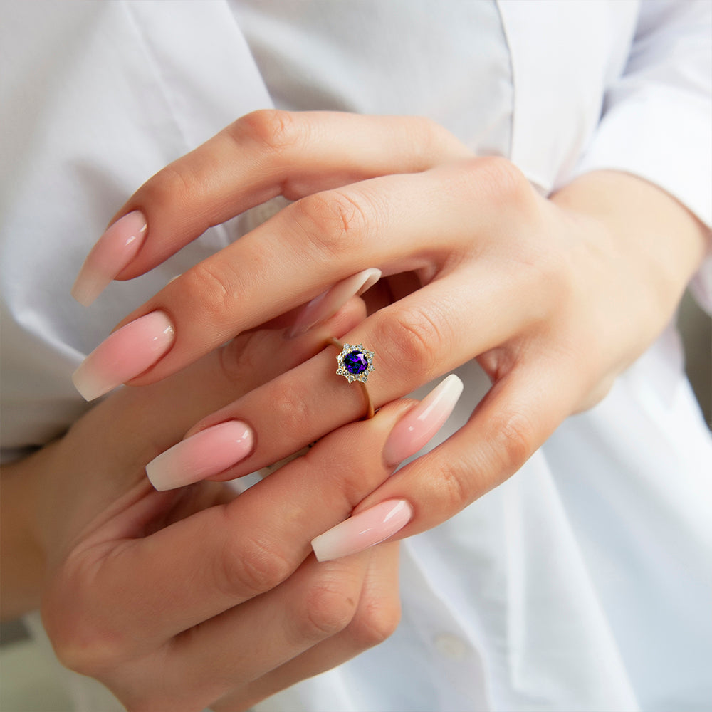 14K Gold Amethyst Halo Ring / Diamond Promise Ring