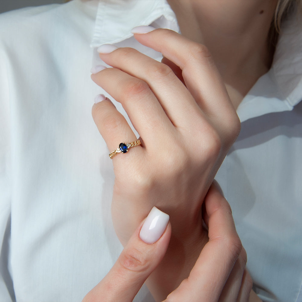 14K Solid Gold Diamond Sapphire Curb Chain Ring