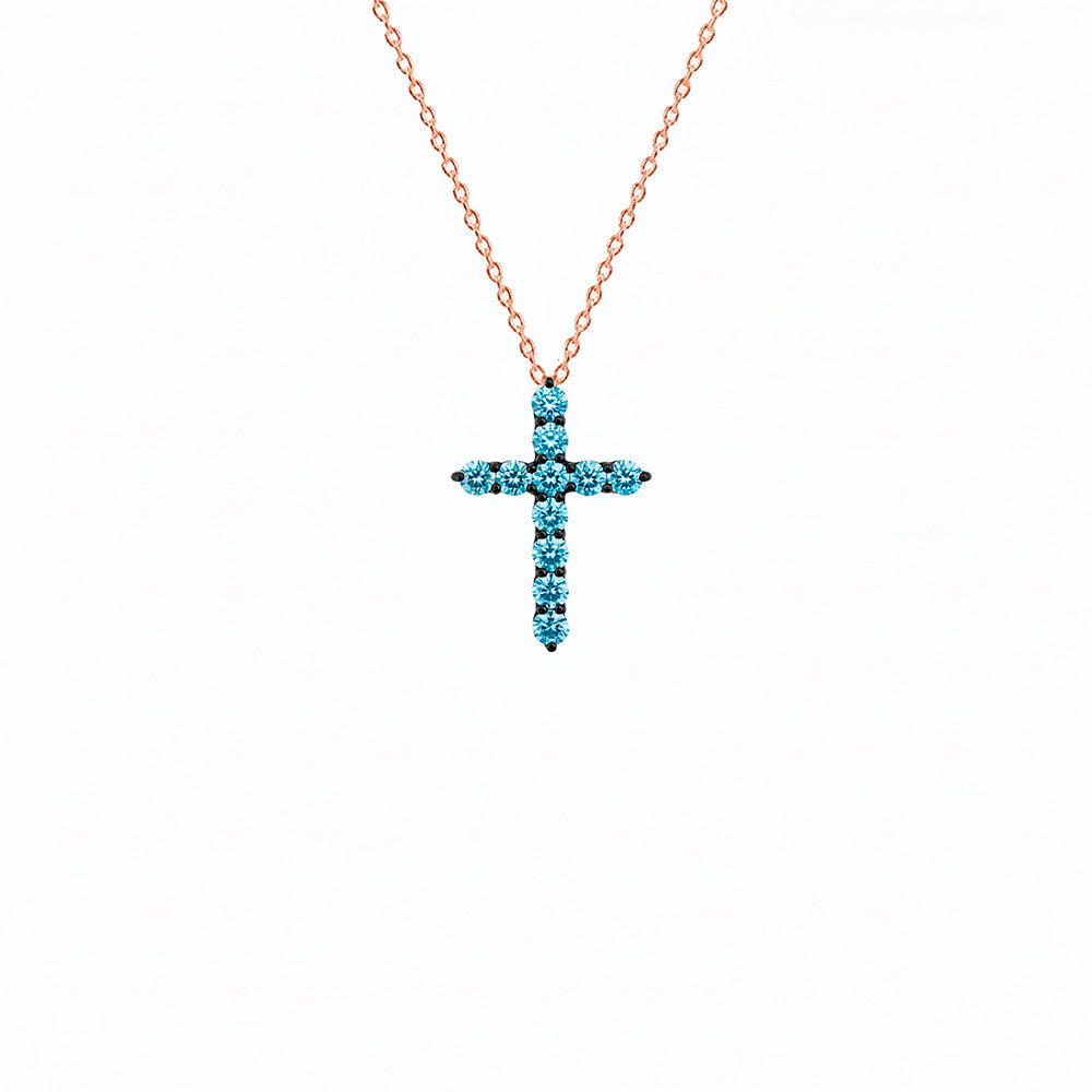 14K Gold Aquamarine Cross Necklace / Religious Pendant
